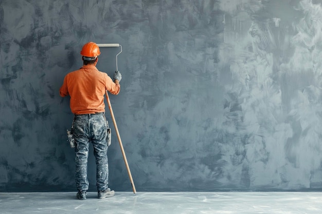 Bauunternehmer malt eine graue Wand mit einem Rollbürstentext Bauarbeiter renoviert ein Haus
