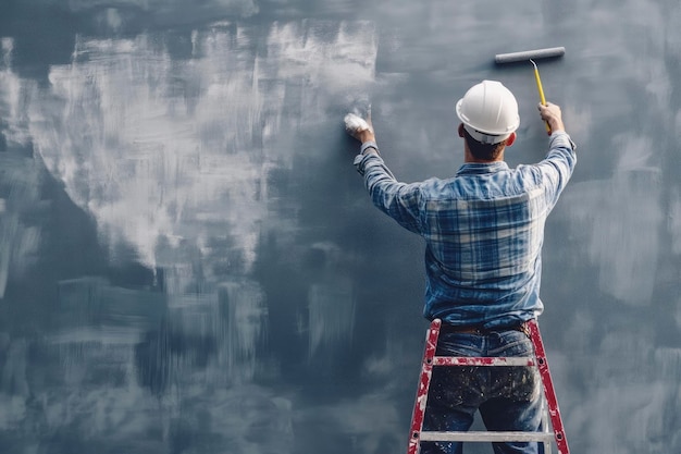 Bauunternehmer malt eine graue Wand mit einem Rollbürstentext Bauarbeiter renoviert ein Haus
