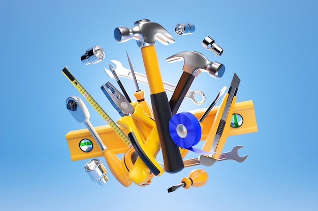 Bauwerkzeuge Handwerkzeug für die Reparatur zu Hause und den Bau Schraubenschlüssel elektrisches Band Ratschenzange bis zur Reihe 3D-Darstellung