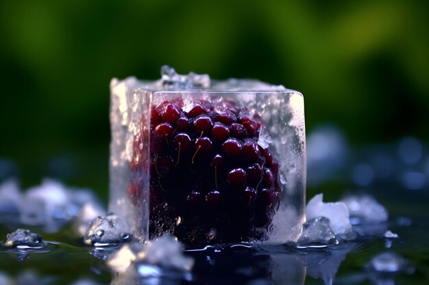 Una baya congelada se sienta en un cubo de hielo.