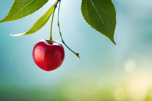 Una baya roja colgando de un árbol con el sol detrás.