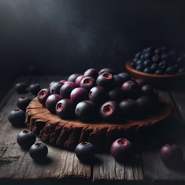 Bayas de acai en una mesa en una habitación oscura