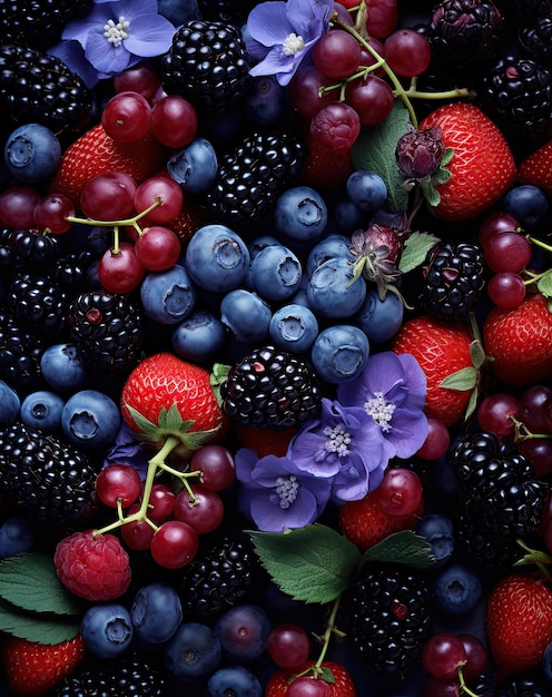 bayas arándanos y moras con flores púrpuras en el fondo por assait para stockstation com