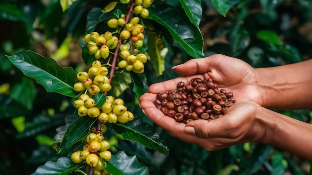Bayas de café arábica con manos robustas de agricultor y bayas de café arabica