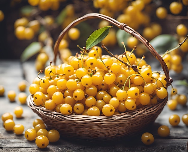 Bayas de cereza amarillas maduras y apetitosas en una cesta rebosante