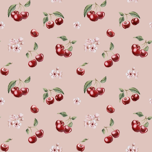 Bayas de cereza con flores acuarela patrón floral sin costuras en fondo rosa melocotón