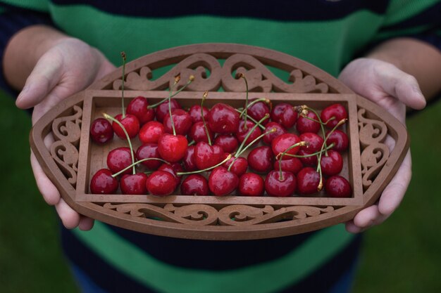 Foto bayas de cereza frescas con gotas en el plato en las manos. alimentos orgánicos.