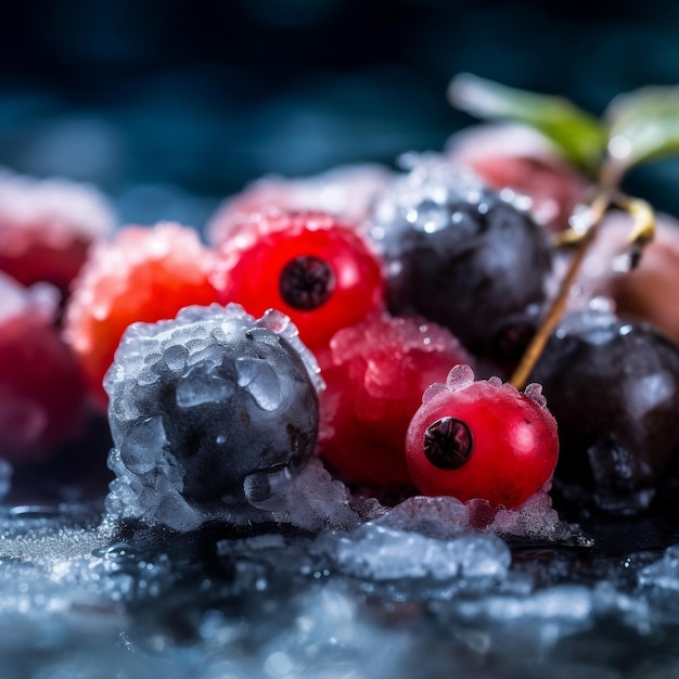 Bayas congeladas sobre hielo con IA generativa de enfoque selectivo