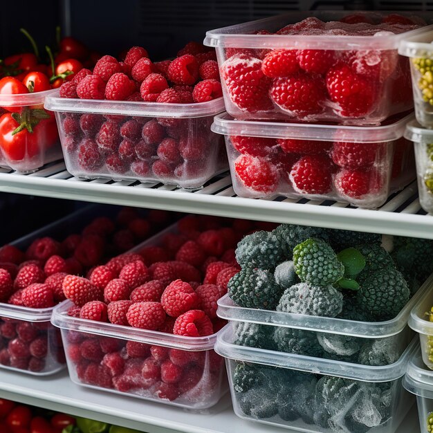 Bayas congeladas y verduras saludables almacenadas en cajas reutilizables