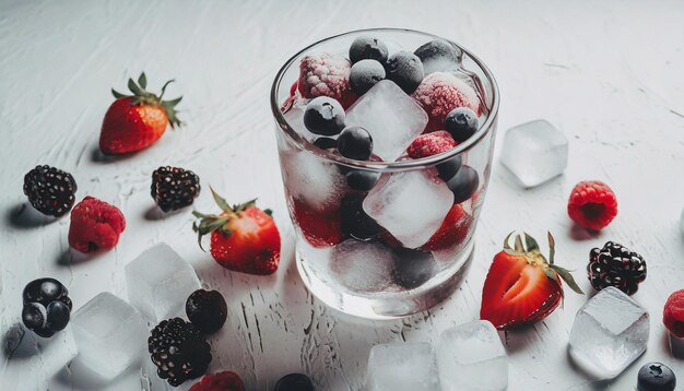 Foto bayas dulces en un vaso con cubitos de hielo deliciosa naturaleza comida orgánica