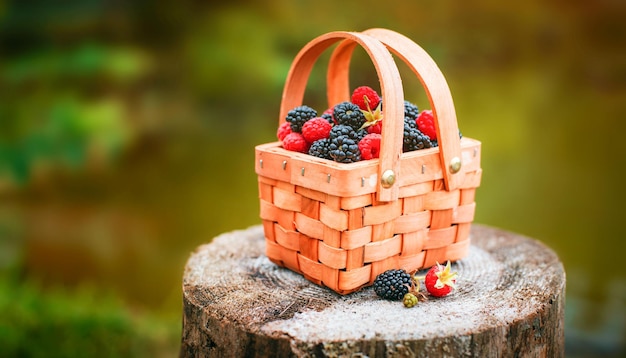 Bayas frescas en el primer plano de la cesta de frambuesas y moras de verano al aire libre