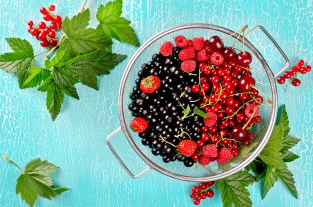 Bayas frescas de verano en una cesta. Grosella negra, grosella roja, frambuesa, cereza y fresa