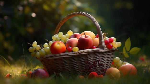 Bayas de frutas en una canasta sobre un fondo de hierba verde IA generativa