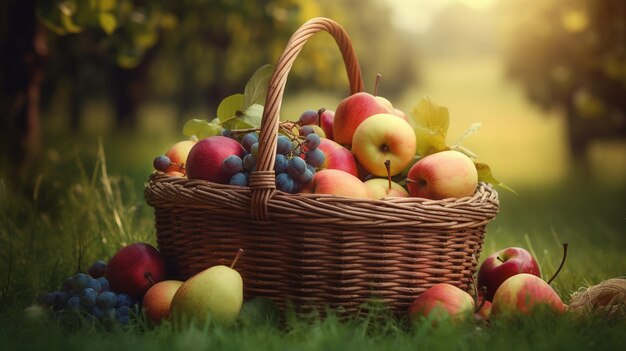 Bayas de frutas en una canasta sobre un fondo de hierba verde IA generativa