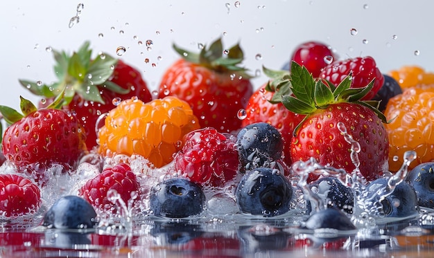 Bayas y frutas frescas en el agua con burbujas de aire