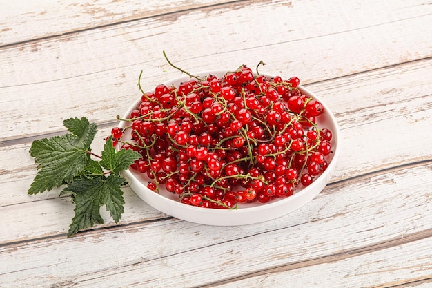 Bayas de grosella roja maduras y dulces en el tazón