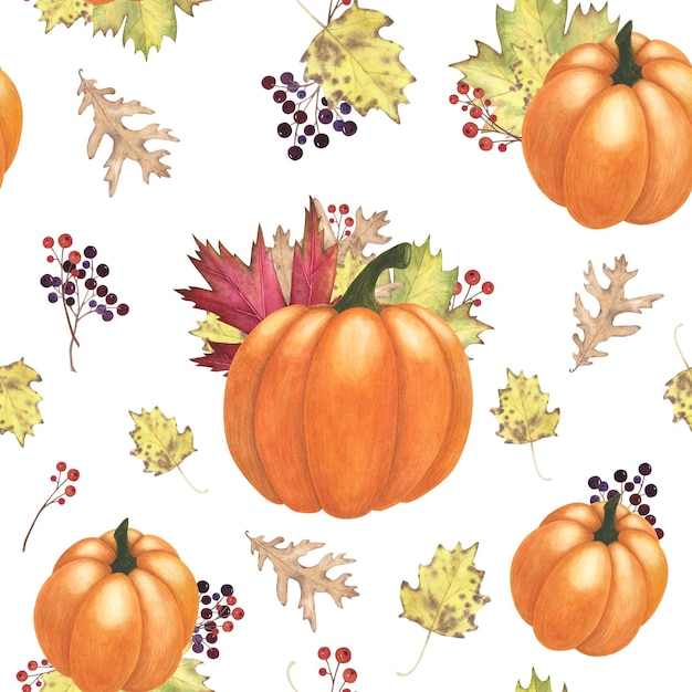 Bayas de hojas de otoño y calabazas de patrones sin fisuras aisladas en blanco Ilustración de dibujado a mano de acuarela Arte para el diseño