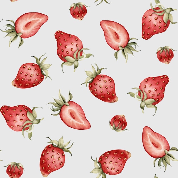 Bayas jugosas maduras de fresa Ilustración en acuarela patrón floral sin costuras sobre fondo azul