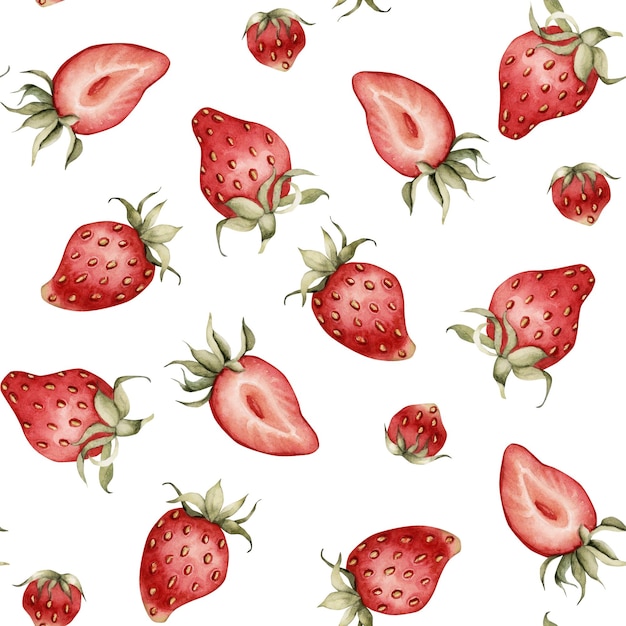Bayas jugosas maduras de fresa Ilustración en acuarela patrón floral sin costuras sobre fondo blanco