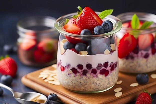 Bayas mixtas de avena durante la noche con hojuelas de almendras en un frasco de vidrio para un desayuno saludable