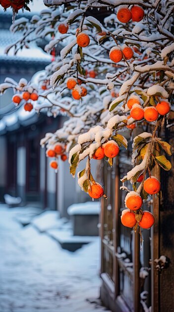 Foto bayas de naranja en un árbol en la nieve