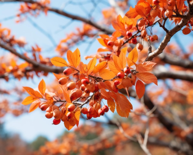 bayas naranjas en un árbol con cielo azul en el fondo