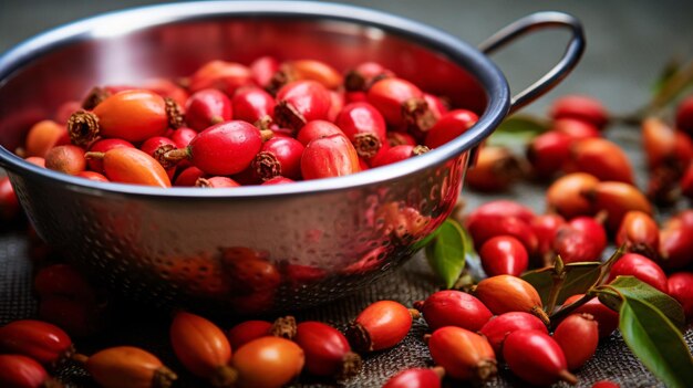 Foto bayas orgánicas de rosa de la cadera de perro en un tamiz ingrediente saludable