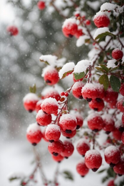 Bayas rojas cubiertas de nieve en una rama en invierno