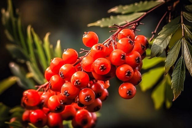 Bayas de serbal rojas en una rama en el bosque de otoño Primer AI generativo