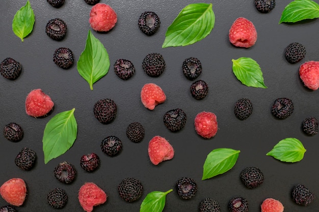 Las bayas útiles son las frambuesas negras y rojas sobre negro con hojas verdes.