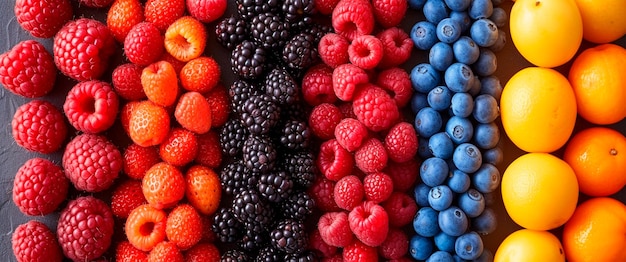 Bayas vista superior variedad colorida de fresas arándanos frambuesas moras imagen generada por IA