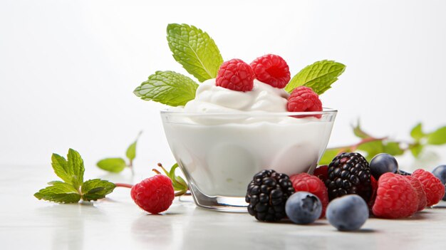 Bayas de yogur y menta aisladas sobre fondo blanco