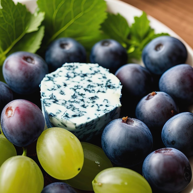 Bayerischer blauer Käse mit Trauben an Bord, Nahaufnahme