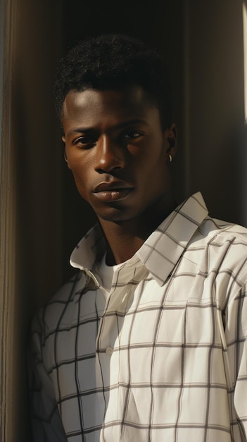 Foto bblack man in a white and gray plaid shirt