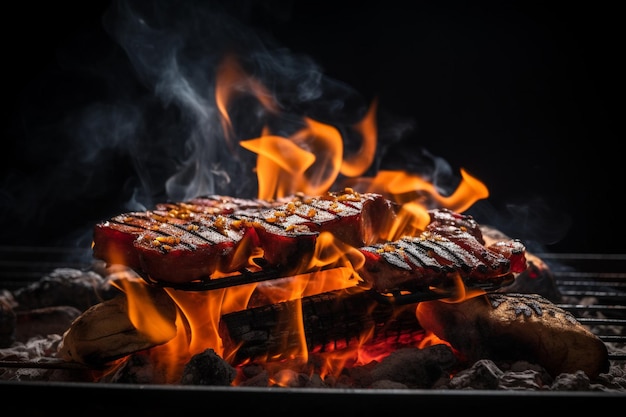 Bbq carne a la parrilla fondo oscuro humo fuego filetes de carne en la parrillas con llamas ai generación