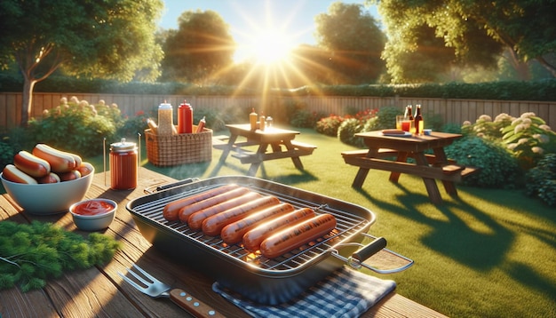 Bbq com cachorros-quentes e ketchup na mesa de piquenique