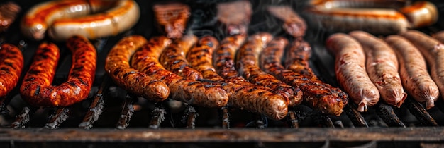 Bbq Cookout Assorted Meats sizzling on the Grill com espaço de cópia para publicidade