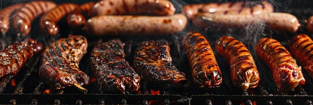 BBQ Cookout Novo cabeçalho publicitário com variedade de salsichas de carne bovina e Bratwurst na grelha