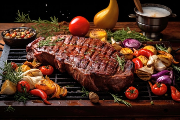 Bbq grill com bife de osso e vegetais coloridos criados com ai generativa