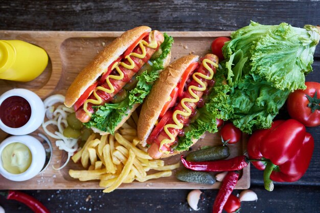 Bbq-Hotdog, serviert mit Gemüse und Pommes Frites und Saucen auf Holzbrett