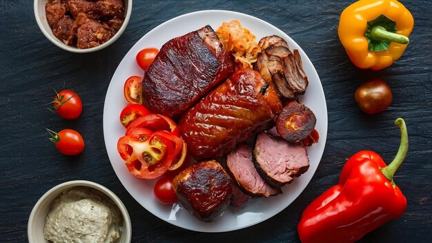 Bbq mit einer Vielzahl von Fleischsorten, komplett mit Tomaten und Paprika auf einem weißen Teller