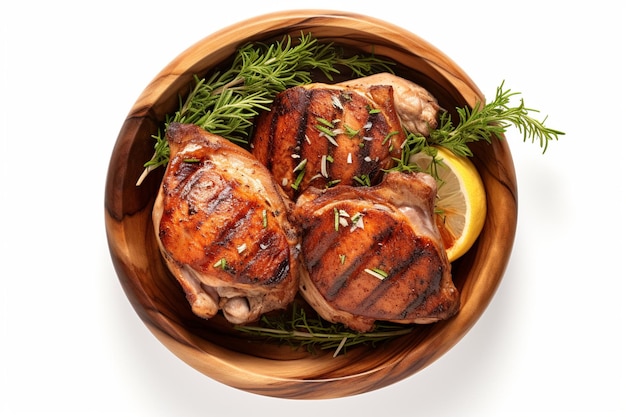 Bbq pernas de frango grelhadas em um prato de madeira com ervas isoladas em fundo branco vista superior