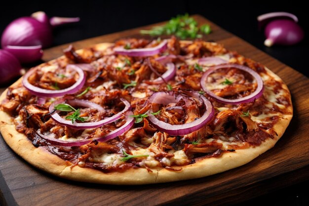 Foto bbq-pizza mit spätzchen würziger italienischer wurst, gebratenen roten paprika und karamellisierten zwiebeln