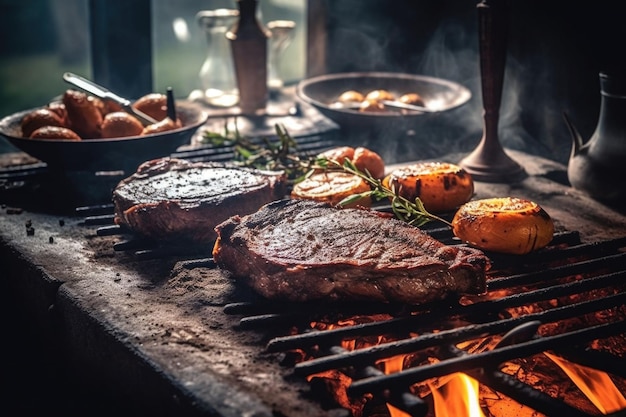 Bbq Steak mit Sauce Fleisch und Grillwerkzeuge im Stil der intensiven Atmosphäre Generative KI