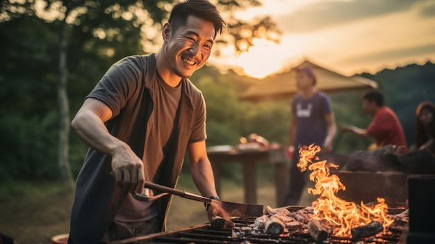 BBQ de verano al atardecer Celebrar el aire libre con bistec de barbacoa a la parrilla asiática en el campamento