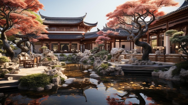 BCourtyard con un estanque y un jardín de rocas