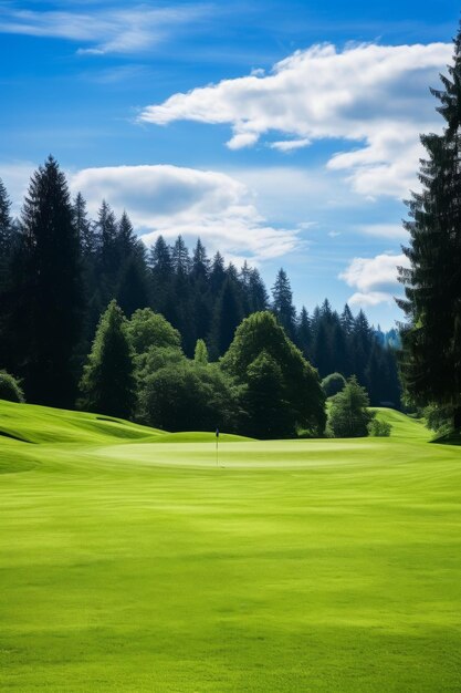 BCurso de golfe verde com céu azul e árvores