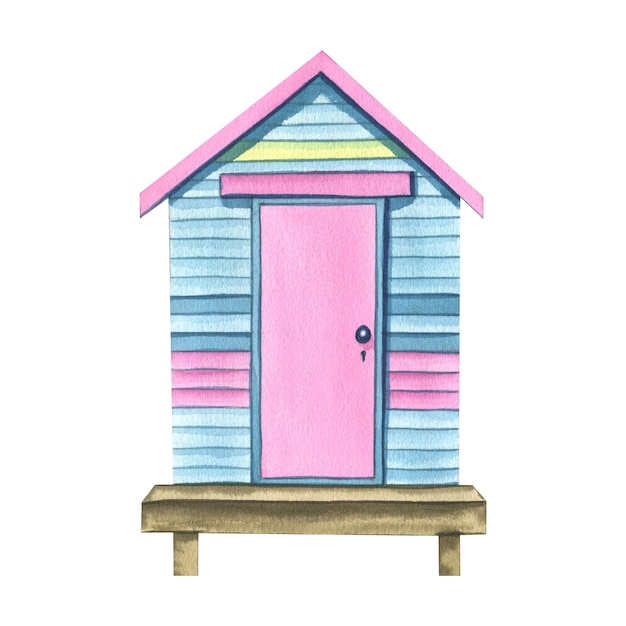 Beach house surf garaje rosa azul y amarillo madera rayado Ilustración acuarela Un objeto aislado de la colección SURFING Para decoración y diseño de composiciones estampados