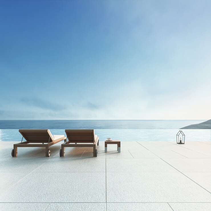 Beach lounge - villa en el océano con piscina y vista al mar / render 3d