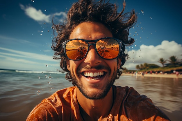 Beach Vibes Homem bonito em óculos de sol estilo costeiro chic e sem esforço pose cativante ao lado do mar estética serenidade em uma foto de estoque Ai